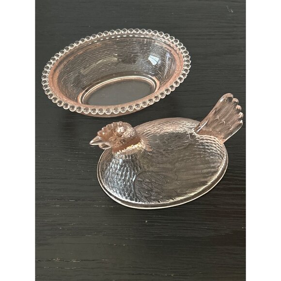 Rare VTG Indiana Glass Pale Pink Peach Glass Hen on Nest Candy Dish Granny-Core - Picture 3 of 14